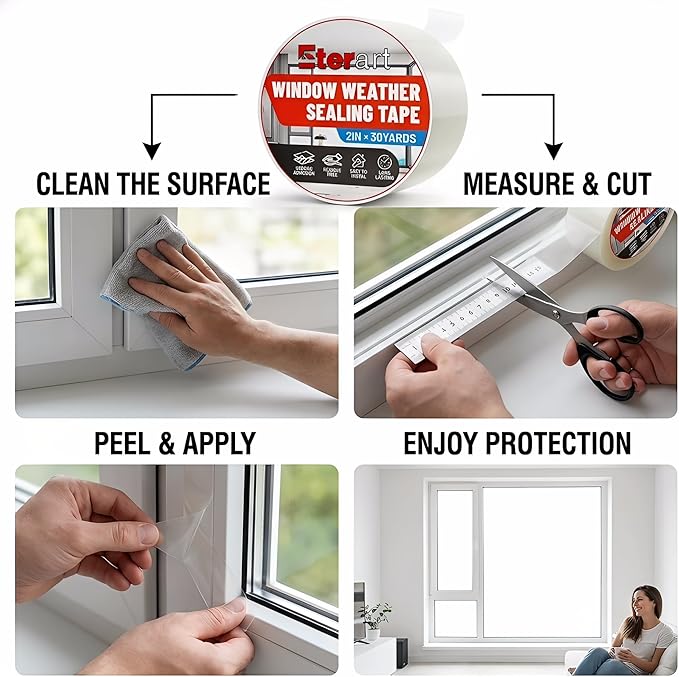 ETERART Transparent Weatherproof Seal Tape 2" x30Yds - Heavy Duty Waterproof Adhesive for Winter Drafts & Rain Leaks, No-Residue Weather Stripping for RVs, Windows, Doors & Renters