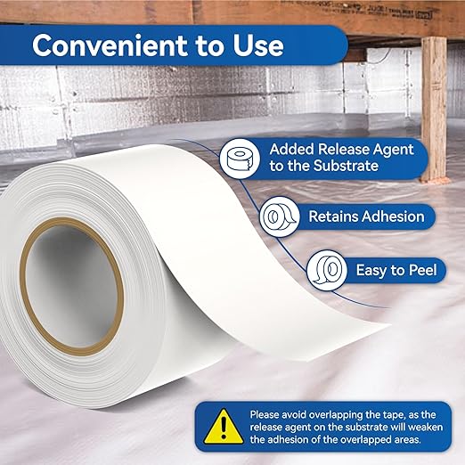 Vapor Barrier Tape with Release Liner, 9 Mil Easy-to-Use Polyethylene Moisture Vapor Barrier Seam Tape for Crawl Space, Repairs, Underlayment, Waterproof, 3.6" x 180', 2 Rolls, White