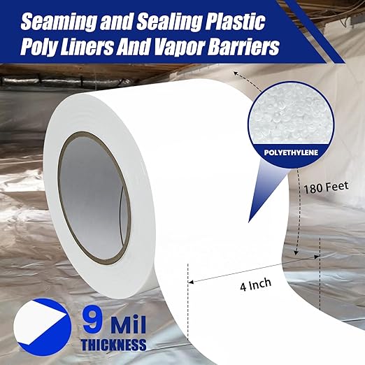 Bghdas 4 Roll, White Vapor Barrier Tape, 4" Wide x 180' Long, PE 9 mm Polyethylene Tape, for Stucco Waterproof Moisture Barriers Seal and Seam, for Crawlspaces, Insulation Repairs & Plastic Liners