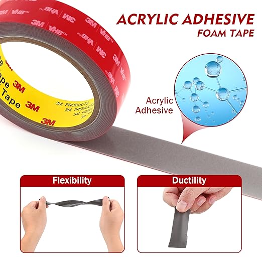 3M Double Sided Tape Heavy Duty 1" x 15.4Ft 2 Pack Mounting Tape Grey Foam Tape Waterproof for Indoor Outdoor Home Office Car Decor