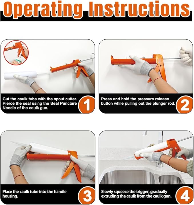 Holothurian Caulking Gun, Caulk Gun No Drip,Sealant Finishing Tool Grout Scraper for Kitchen Bathroom Window Sink Joint, 1/10 Gallon Cartridge, 10:1 Thrust Ratio, Orange