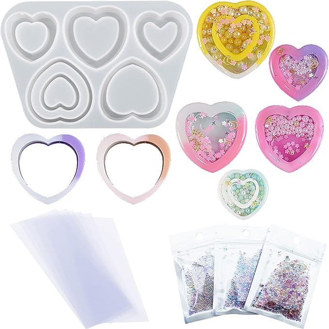 Resin Shaker Silicone Molds, Heart-Shaped Quicksand Silicone Molds Resin Casting Molds Epoxy with PVC Sheets and Colored Beads for Jewelry Making