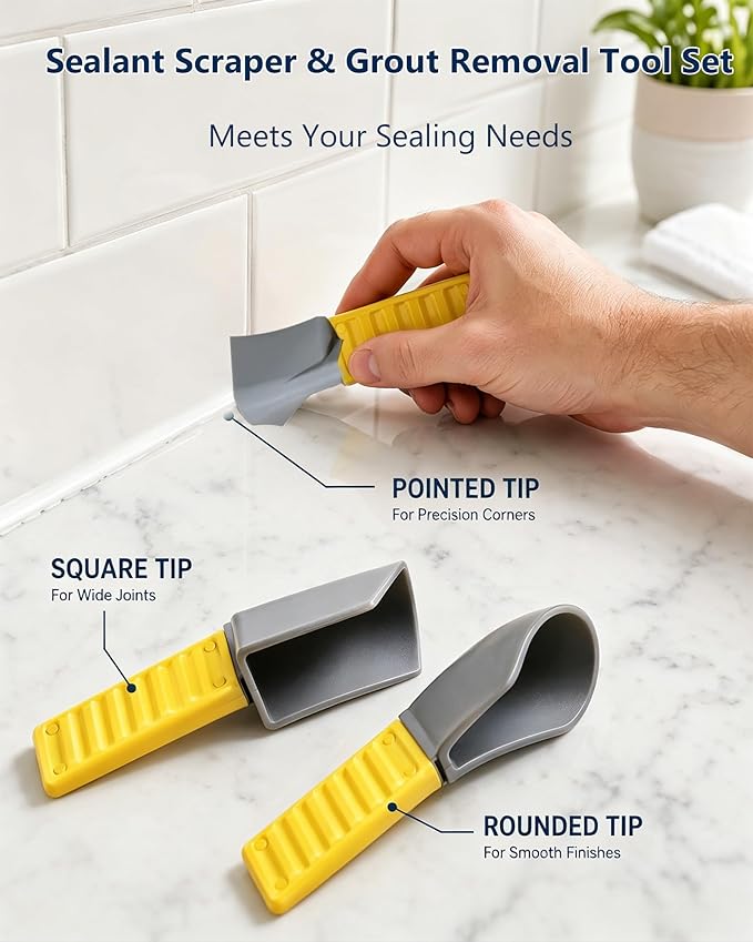 3 Pack Professional Caulking Tool, Sealant Scraper & Grout Removal Tool Set, Professional Round Corner Tool for Drywall Taping, Bathroom Caulk Finishing