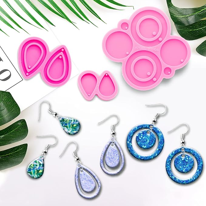 103Pcs Resin Molds Silicone Kit, 3pcs Earring Silicone Molds for Resin Jewelry Epoxy Casting Molds, Earring Hooks and Jump Ring for DIY Unique Earring Epoxy Resin Molds, Jewellery Earring Molds