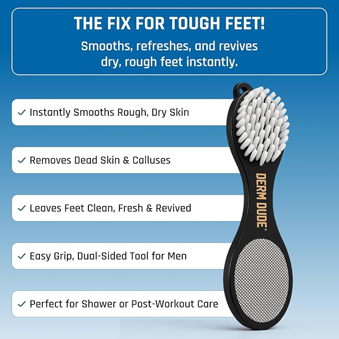 Derm Dude 4-in-1 Foot Scrubber & Heel Repair Tool | Foot File Callus Remover for Feet | Pedicure Tool with Metal File, Pumice Stone, Emery Board & Cleaning Brush to Soften & Smooth Rough, Dry Feet