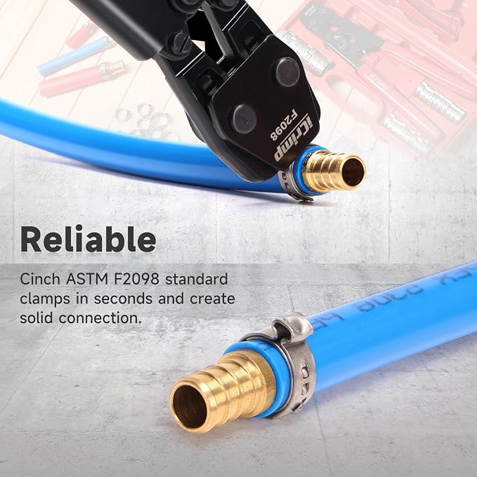 iCrimp PEX Pipe Clamp Crimping Tool Kit, Cinch Crimper Tool for Stainless Steel Clamps from 3/8-inch to 1-inch with 1/2-inch 20pcs SS PEX Clamps and 12pcs 1/2-inch Pex Fittings