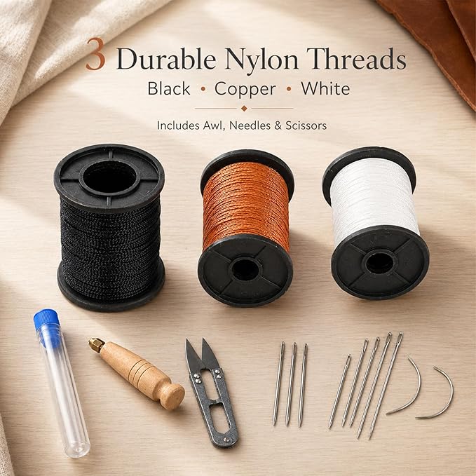 16Pcs Upholstery Repair Sewing Kit, Heavy Duty Leather Sewing Kit with Sewing Awl, Hand Needles, Curved Needles, Scissors and Nylon Thread for Leather Shoes, Sofa, Furniture, Canvas Repair
