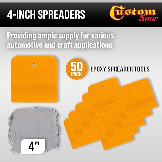 Custom Shop 4 Inch Plastic Body Filler Spreader Tools for Automotive Body Fillers (50 Pack), Putties, Glazes, Epoxy Resin, Caulk, Glues - Plastic Spreader Tool