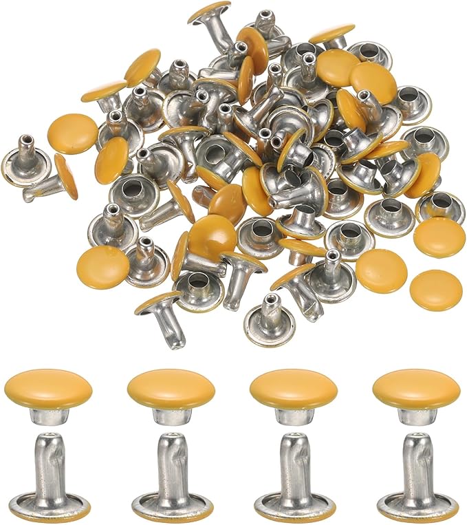 uxcell 120Set Leather Rivets, 8mm Double Cap Rivet Tubular Metal Studs Repairs Decoration Craft Accessories for Repair Decorate Leather Craft Belt Bag Shoes Purse Belts, Yellow
