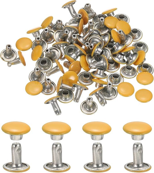 uxcell 120Set Leather Rivets, 8mm Double Cap Rivet Tubular Metal Studs Repairs Decoration Craft Accessories for Repair Decorate Leather Craft Belt Bag Shoes Purse Belts, Yellow