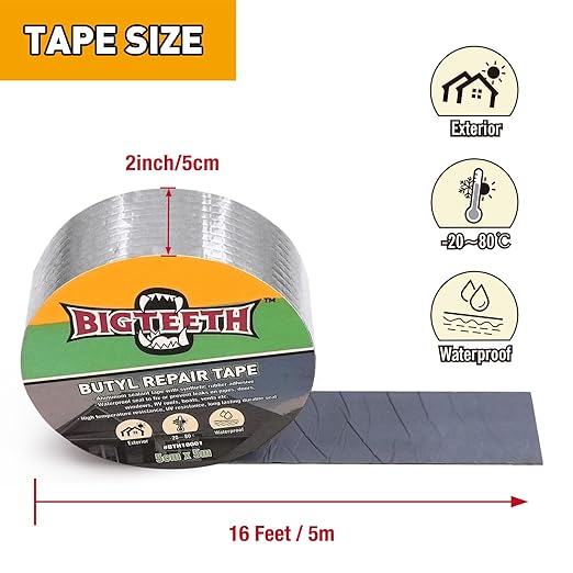 BIGTEETH Aluminum Butyl Repair Tape - 2 inch x 16 feet Waterproof Tape for Pipes, Doors, Windows, RV Roofs, Boats, Vents, etc