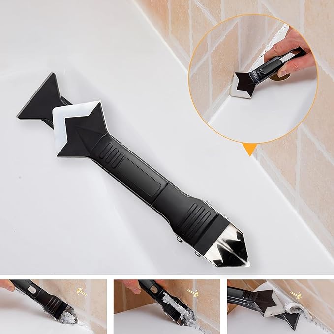 Sakerplus 3-in-1 Caulking Tool, Scraper & Silicone Trowel for Grout Removal and Caulk Smoothing, Sealant Application Tool for Bathroom Kitchen Tile Sink Window Frame (Classic with Scraper, 2 Sets)