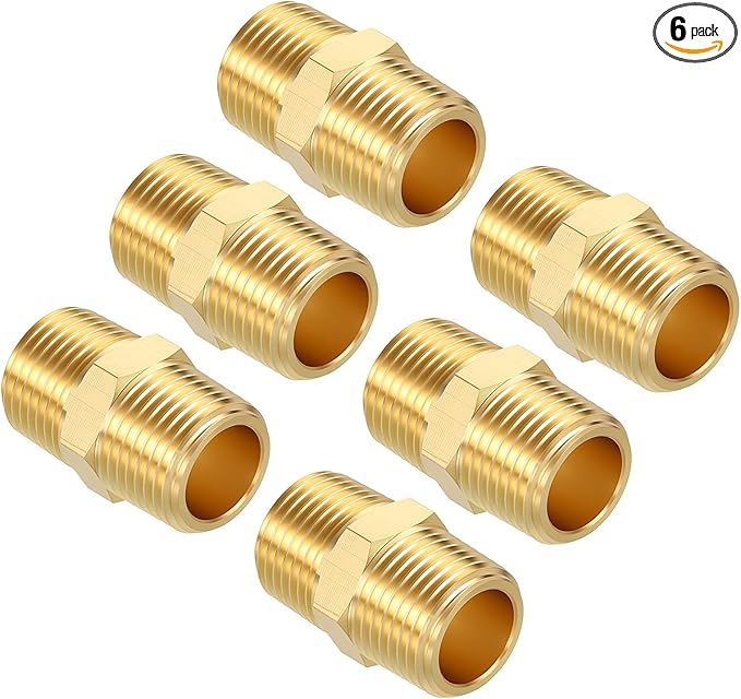 Pack of 6, 3/8" NPT Male to 3/8" NPT Male Solid Brass Hex Nipple Hose Connectors, Male Pipe Adapter for Pipe Leak Repair, Bathroom Remodeling, Tool Extensions, Compression