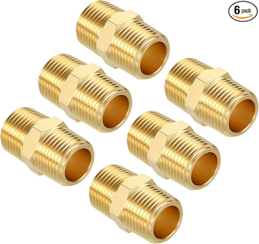 Pack of 6, 3/8" NPT Male to 3/8" NPT Male Solid Brass Hex Nipple Hose Connectors, Male Pipe Adapter for Pipe Leak Repair, Bathroom Remodeling, Tool Extensions, Compression