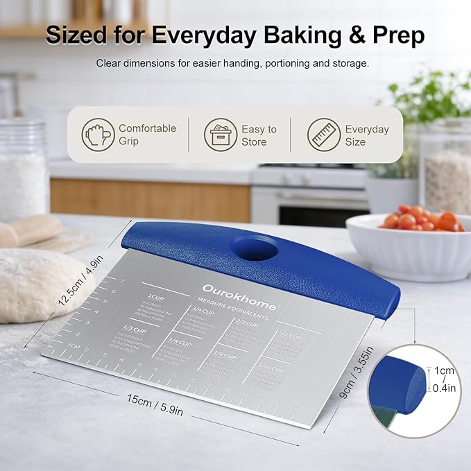Ourokhome 2 Pack Bench Scraper Dough Cutter, Stainless Steel Dough Scraper with Laser-Etched Scale, Conversion Chart, Non-Slip Handle, Dishwasher Safe for Bread & Pastry, Blue