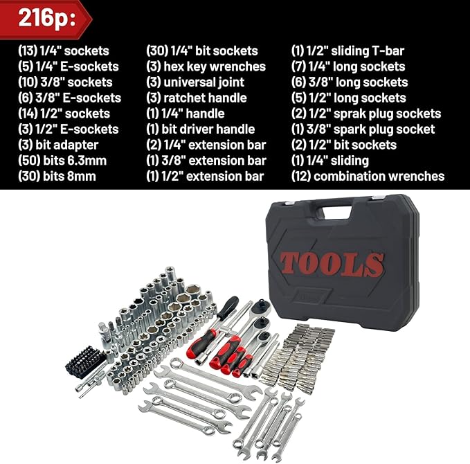 Professional 216pcs Socket Ratchet Wrench Set, 1/4 & 3/8 Inch Drive, Standard Full Mechanic Tool Set for Auto & Motorcycle Repair with Ratchet Handle, Extension Bar, Universal Joint & Reducer