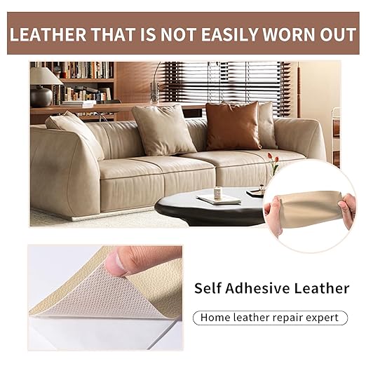 Leather Repair Patch Tape, Beige 17 x 61 Inches Self Adhesive Leather Repair Kit for Furniture, Car Seat, Vinyl Repair Kit for Office Chairs, Bags, Luggage