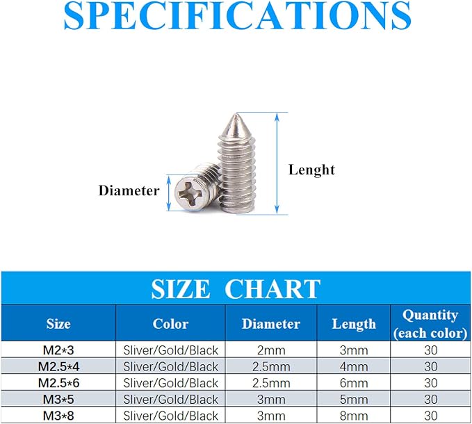 450 Pcs Nickel Plated Tip Screws Pointed Cross Slot Leather Accessories 3 Colors 5 Sizes Belt Screws Include M2x3，M2.5x4，M2.5x6，M3x5，M3x8 with 2mm Screwdriver for Belt Buckle Wallet Handbag Purse