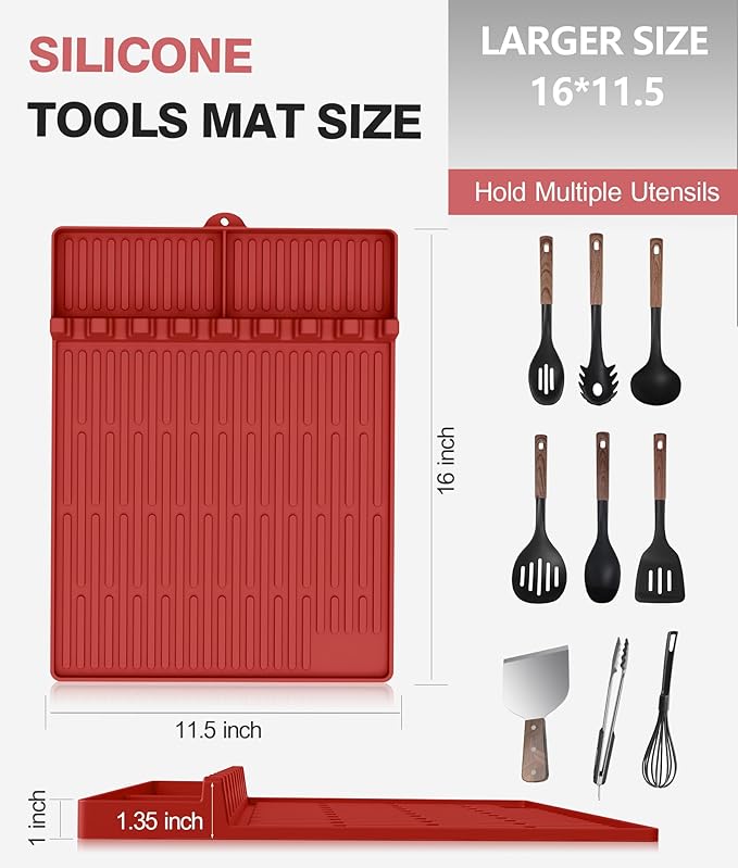 Silicone Grill Mat Compatible with Blackstone, BBQ Griddle Tools Mat with Drip Pad, Large Spatula Holder for Outdoor Kitchen Counter, Gifts for Men (red)