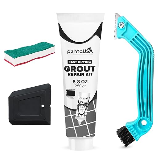 PentaUSA Tile Grout Repair Kit with Removal Tool - Premixed Acrylic Sanded Grout Filler for Bathroom, Shower, and Kitchen, Includes Applicator Spatula, and Sponge - Black (8.8oz / 250g)