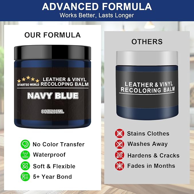 STARTSO WORLD Leather Recoloring Balm, Navy Blue Leather Repair Kit for Furniture, Leather Dye, Leather Color Restorer for Couches, Leather Couch Paint | Repair, Restore & Renew Old, Faded Leather