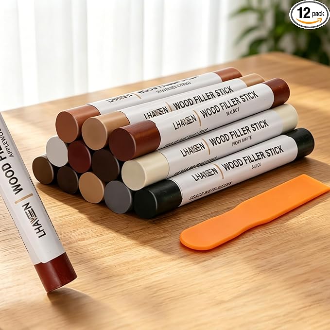 Wood Filler Sticks, 12 Colors Wood Repair Crayons for Scratches, Cracks, Nail Holes, Stains - Furniture Touch Up Wax for Floors, Cabinets, Tables, Doors