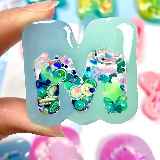 FUNSHOWCASE Alphabet Resin Shaker Molds Kawaii Keychain Charm Set Pack of 58 Silicone Trays Seal Films Precision Tip Applicator Bottle Kit Bundle