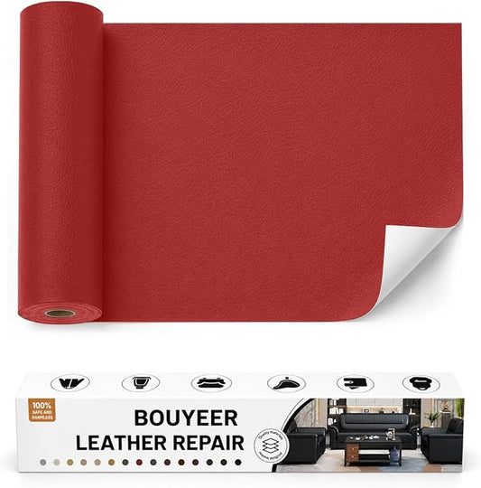 BOUYEER Leather Repair Patch Tape Kit,Self Adhesive Leather Repair for Sofa，Car Seat,Office Chair,Furniture,Jacket,Waterproof Strong Adhesive Vinyl Repair Kit. 17 in x 79 in,Red