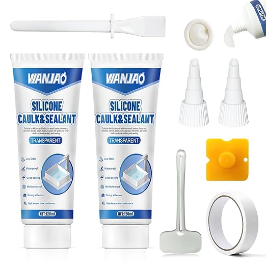 Bathtub Caulk, Clear Silicone Sealant Waterproof, Strong Adhesion High Efficiency Long-Lasting for Bathroom Glass Partitions Wash Basins Bathtubs Countertops, Transparent, 2 * 120ml