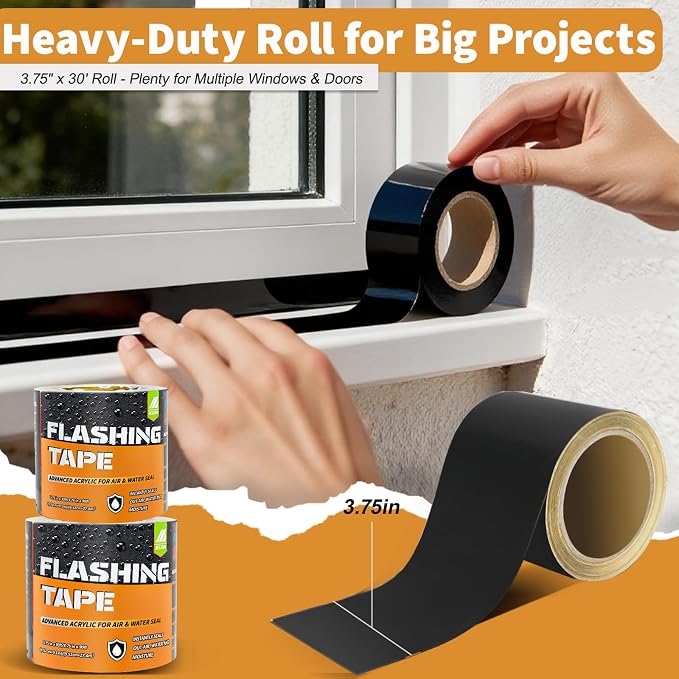Flashing Tape for Windows and Doors, 3.75 in x 30 ft Roll, Acrylic Adhesive, Black Self-Adhesive Flashing Tape, Waterproof, UV Resistant, Great for Sealing Doors, Windows, and Construction & Repairs