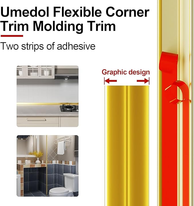 26 Feet Flexible Corner Protector Trim Molding 0.8 in Width Peel and Stick Molding 90 Inside & Outside Corner Guards Trim for Tile and Wall Edges Gaps, Furniture and Wall Repair-Gold