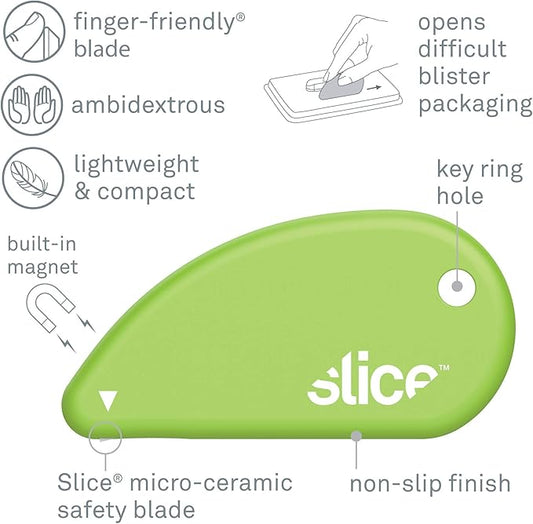 Slice Micro Safety Cutter | Safe Ceramic Box Cutter Lasting 11x Longer than Metal | Keychain Box Opener | 2 Pack | Green
