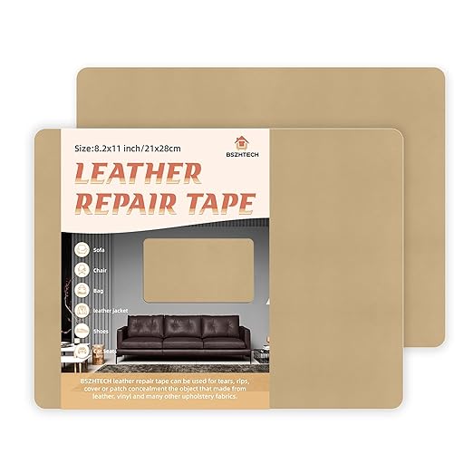 BSZHTECH Leather Repair Tape, Self-Adhesive Leather Repair Patch for Couch Furniture Sofas Car Seats, Advanced PU Vinyl Leather Repair Kit(Dark Kahki,2Pcs 8.2X11 inch)