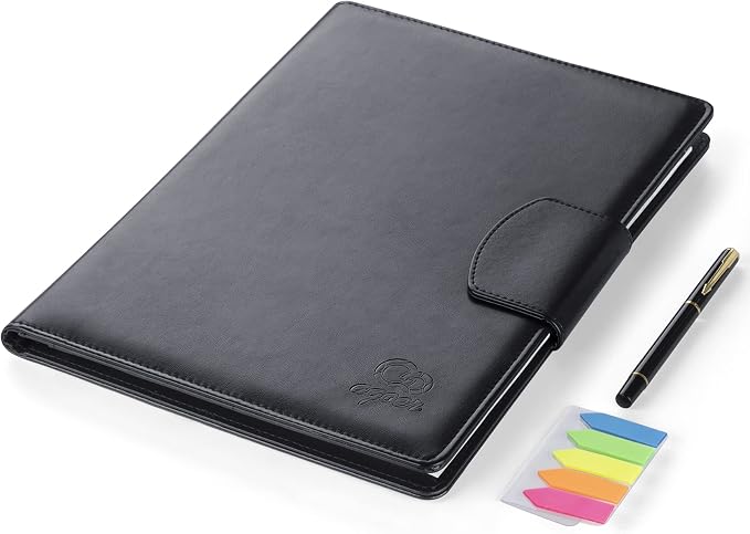 Agoer Professional Padfolio Clipboard Folder with 3xMagnetic Closure Cover | Faux Leather,A4 Size,With A4 Writing Pad & Pen & Sticky Tab,for Business Office Conference(Black),Portfolio Legal Pad Holder