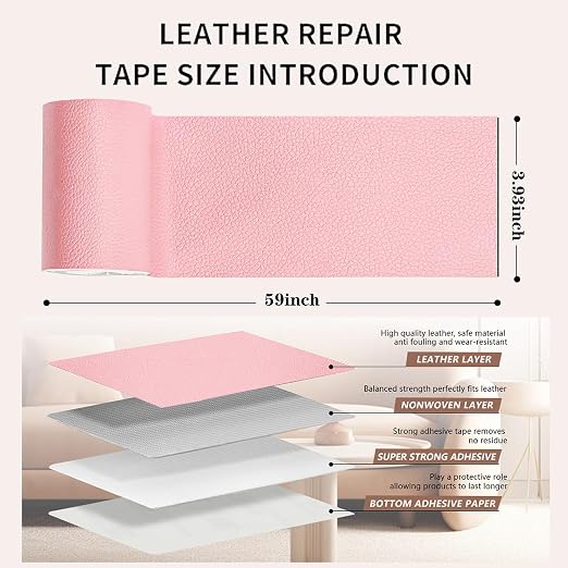 Self Adhesive Leather Repair Patch, 4 x 60 inch Leather Repair Tape, Leather Patches for Furniture, Car Seat,Vinyl Leather Repair Kit for Office Chairs, Couch, Sofa, Luggage (Pink)