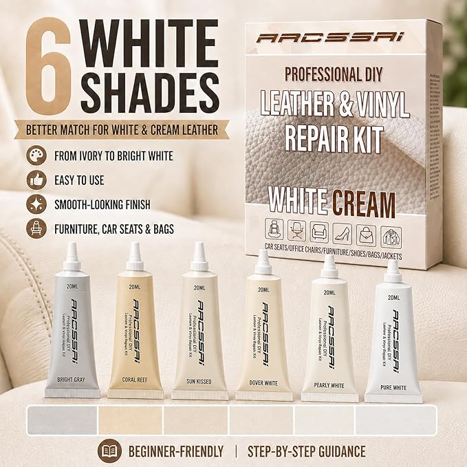 ARCSSAI ARCSSAL Cream Leather & Vinyl Repair Kit, Car Seats, Couch, Boat, Sofa, Jacket & Purse, Fix Scratch & Rip on Artificial, Faux, Genuine Leather, Easy for Anyone to Match Ideal Color