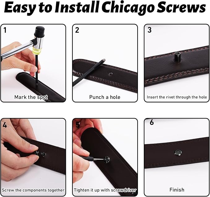110 Sets Chicago Screws Leather Rivets Kit with Rubber Hammer, 6 Sizes (M5*4,5,6,8,10,12) Assorted Leather Fasteners Binding Screws for DIY Leather Craft, Belts, Bags, Clothing Fabric Repair (Black)