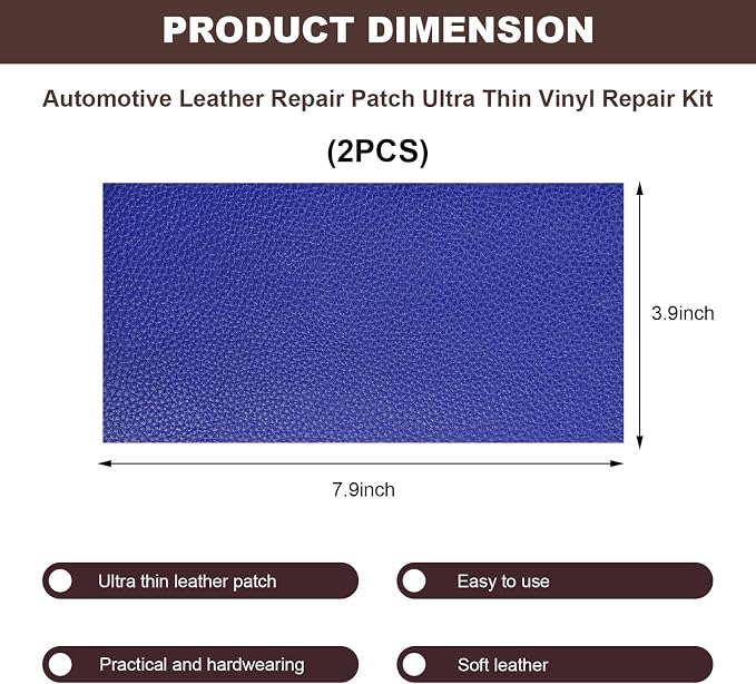 2 PCS Leather Repair Patch Tape, 4 x 8 Inch PU Vinyl Repair Patches for Car Upholstery Seat, Waterproof Self Adhesive Leather Tape Repair Kit for Furniture Couches Chairs (Royal Blue)