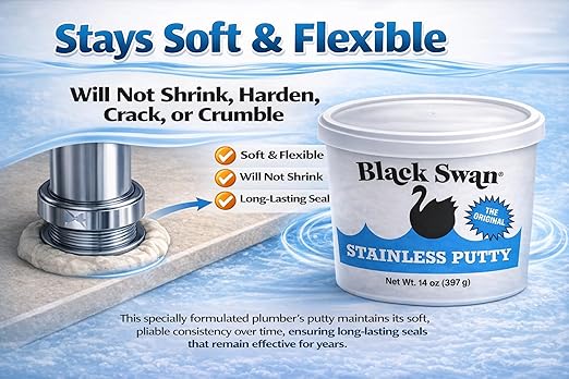 Black Swan Stainless Stay Soft Plumbers Putty, 14oz - Crack-Resistant, Ideal for Sink Drain, Faucets & Fixtures, Stretchable Plumbers Putty