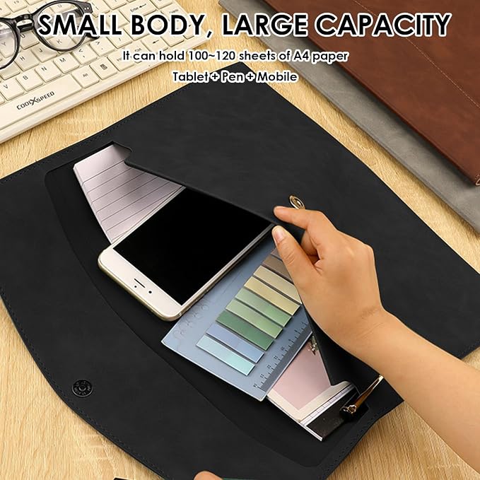 PU Leather Document File Folder,Thin A4 Folder Envelope File Organizer Storage Bag, Receipt Contract Case with Magnetic Closure (Black)