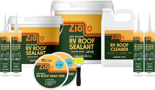 Ziollo RV 35 FT Roof Repair Kit - Roof Repair Kit to Seal and Waterproof, Bond to EPDM Rubber with Sealant (2 Paintable Tape, 4 pk Caulking, 1 Cleaner and 1G & 4G Silicone Pail)