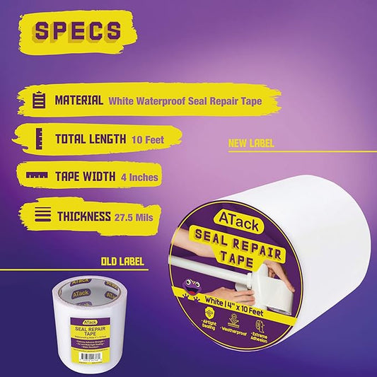ATack Waterproof Patch and Seal Tape, White, 4 Inches x 10 Feet, Water Barrier Tape for Stop Leak Repair on Pipes, Chimney, Roof, Boat, and HVAC