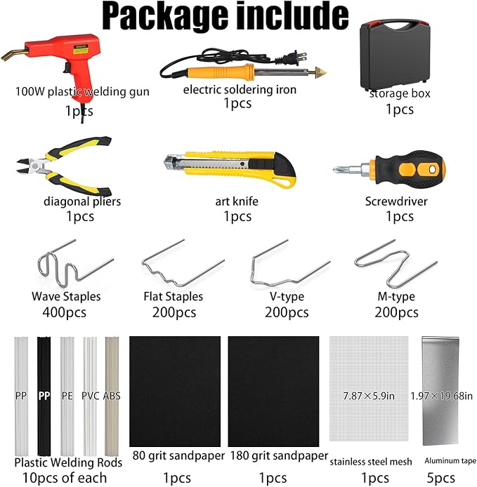 Plastic Welder Kit, 800 PCS Hot Stapler Plastic Repair Kit For Car Bumper Crack Repair, Plastic Welding Kit With Plastic Iron, Plastic Rods,Mesh,Abrasive Paper,Aluminum Tape(RED)
