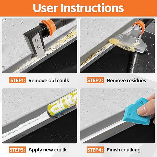 4 in 1 Caulking Tool Kit, Multi-Function Caulk Remover Tool, Grout Removal Tool, Silicone Sealant Cleaner for Bathroom, Shower, Tile, Window, Household Caulk Kit(Orange)