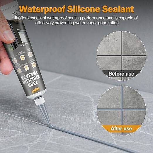 Grey Silicone Caulk Sealant - Caulk for Filling and Repairing Sinks, bathtubs, Shower Stalls, Toilet Bases, Tile Joints, and Door and Window Joints