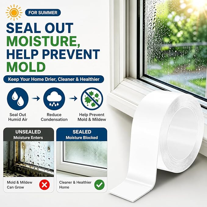 SWRT 3”x33FT Window Weather Sealing Tape Residue-Free, 20-Mil Thick Heavy Duty Window Insulation for Summer, Weather Resistant, Air Conditioner Window Seal Blocks Drafts for Doors Windows