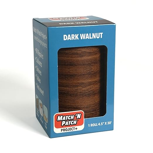 MATCH 'N PATCH Project+ Wood Grain Repair Tape - Dark Walnut, 4.5 in x 30 ft (1-Pack) – Wood Grain Colored Duct Tape for Mirror Frame, Trim, Borders, Floor and Other Furniture, Scratch Repair Kit