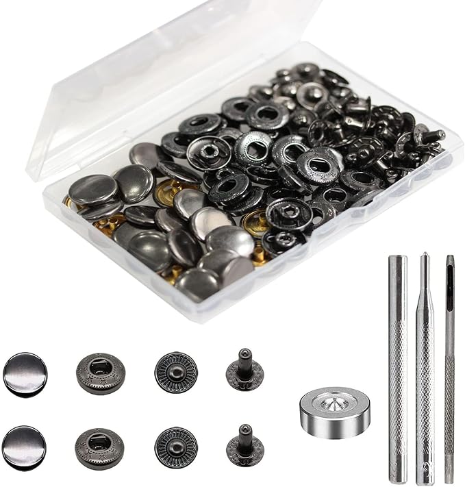 BetterJonny 24 Sets Heavy Duty Leather Snap Fasteners Kit, 15mm Metal Snap Buttons Press Studs Leather Rivets Snaps with 4 Setter Tools for Clothes Bracelet Jackets Jeans Gun Black