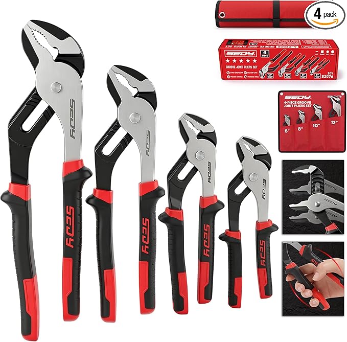 4-Piece Groove Joint Pliers Set, 12" 10" 8" 6" Adjustable Water Pump Pliers with Non-Slip Handles, Straight Jaw Tongue and Groove Pliers for Plumbing, Pipe Fittings, Nuts, Bolts and Home Repair