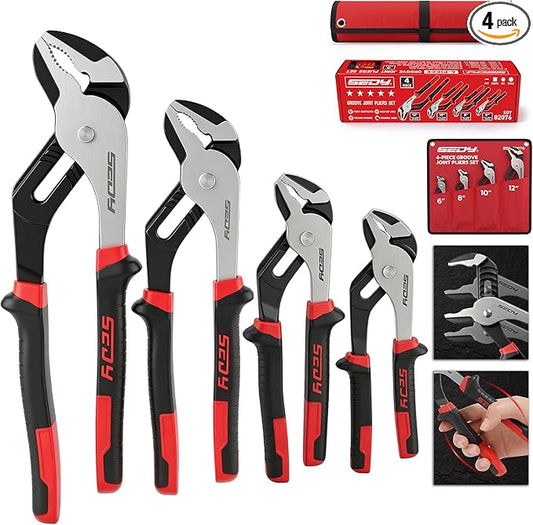 4-Piece Groove Joint Pliers Set, 12" 10" 8" 6" Adjustable Water Pump Pliers with Non-Slip Handles, Straight Jaw Tongue and Groove Pliers for Plumbing, Pipe Fittings, Nuts, Bolts and Home Repair